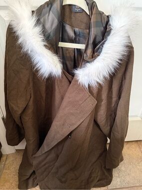 torrid Brown Trench Coat with White Faux Fur Collar